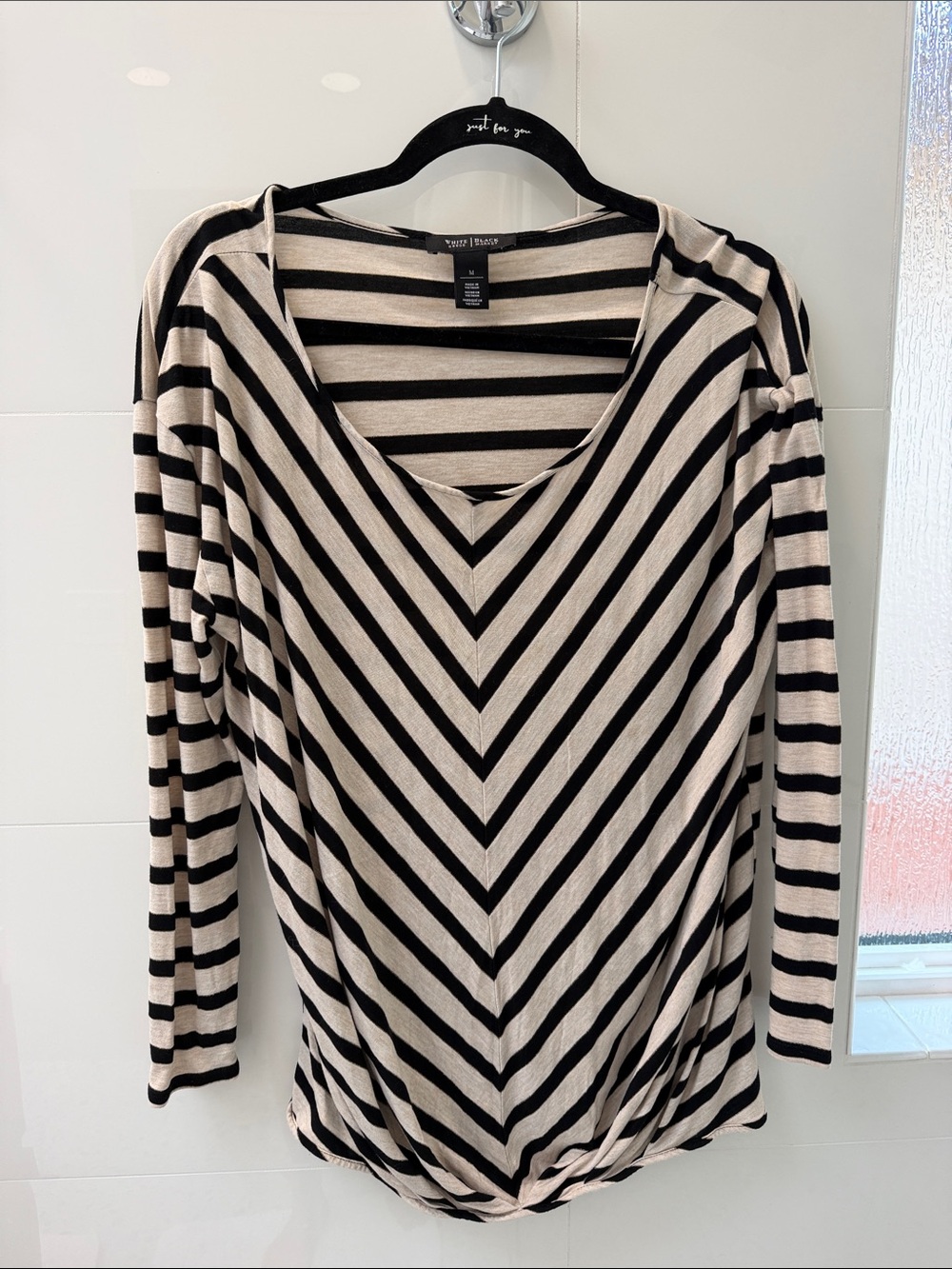Striped V-Neck Long Sleeve Top in Black & Cream